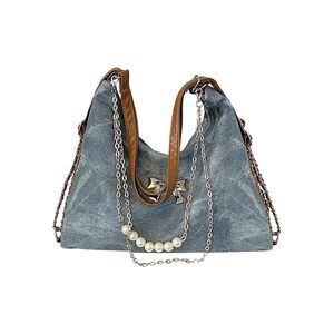 9841 Bow Beaded Denim Shoulder Bag Chain Top Handle Y2K Jean Handbags Blue